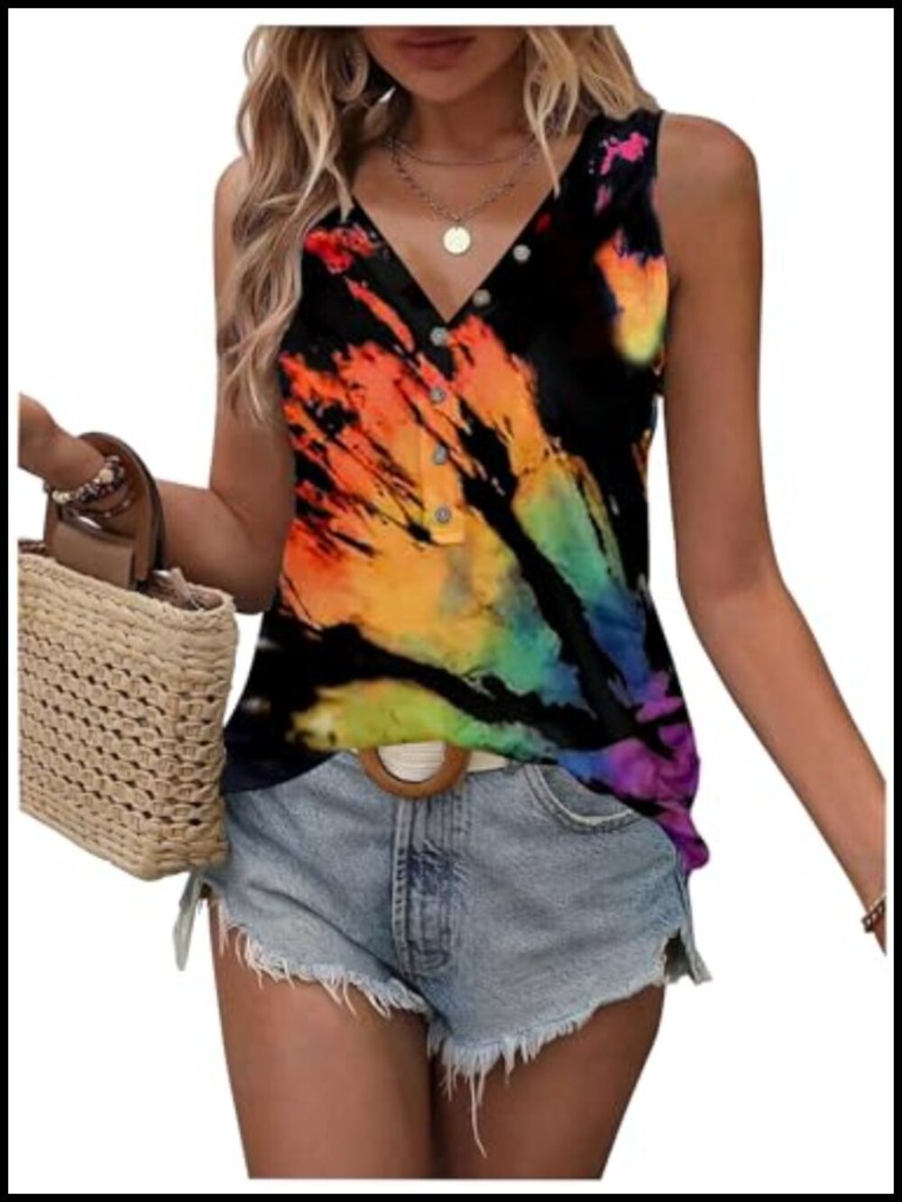 Women's V Neck Button Down Tank Top Sleeveless Casual Loose Summer T Shirt